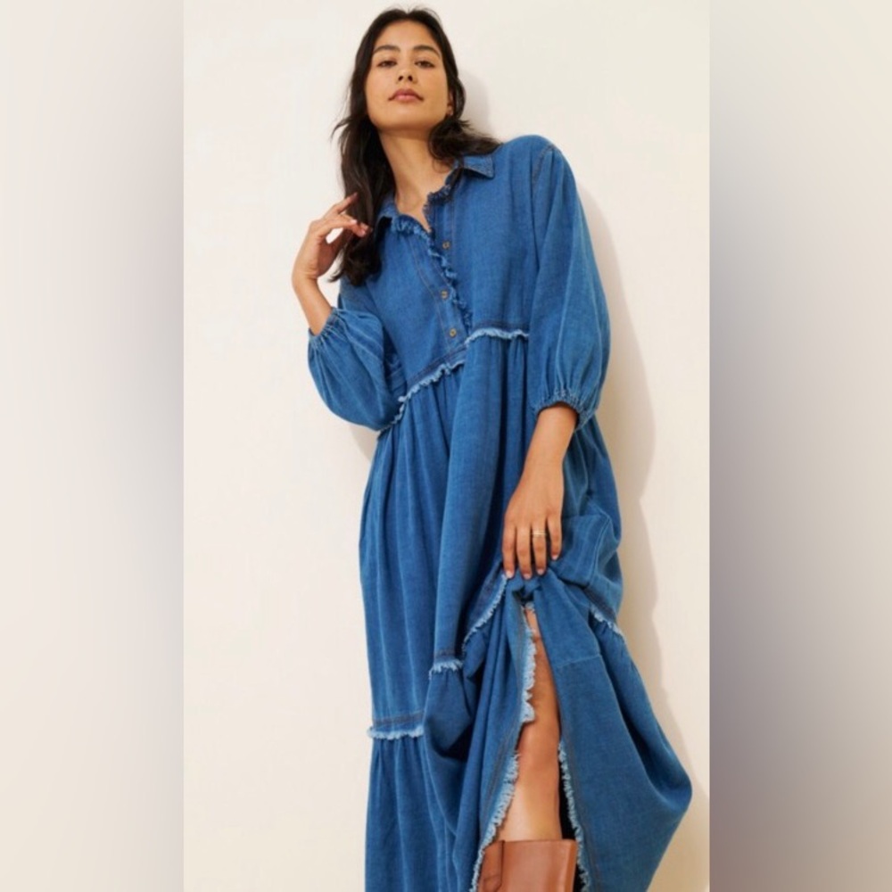 Anthropologie “The Bettina” Tiered Boho Shirt Dress by Maeve: Dark Denim Edition - Picture 3 of 9